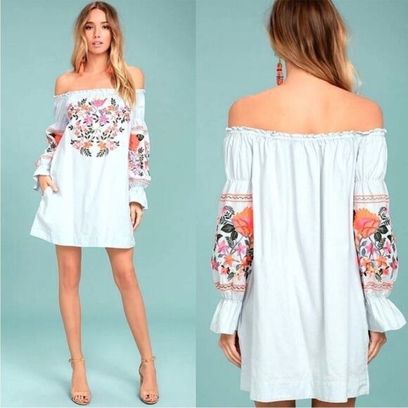 Free People Fleur Du Jour Shift Dress Size XS Embroidered Off Shoulder - Picture 3 of 15